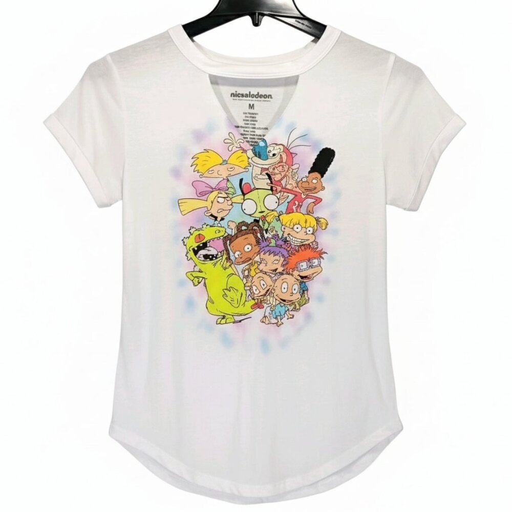 90s Nickelodeon Cartoon T-Shirt M Rugrats Hey Arnold Ren Stimpy Mashup‎ White